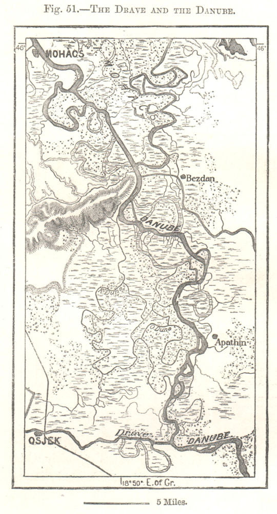 The Drave and the Danube. Mohacs Osjek Croatia. Sketch map 1885 old